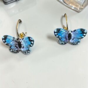 Blue Butterfly Dangle Earrings with Gold Hooks